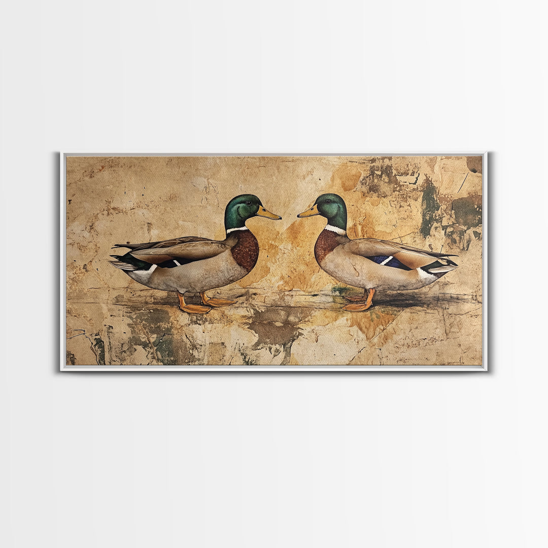 Cute Kissing Mallard Ducks - Rustic Farmhouse Wall Art - Framed Canvas Print - Gift For Hunter or Outdoorsman - Cabin Art - Cabin Decor