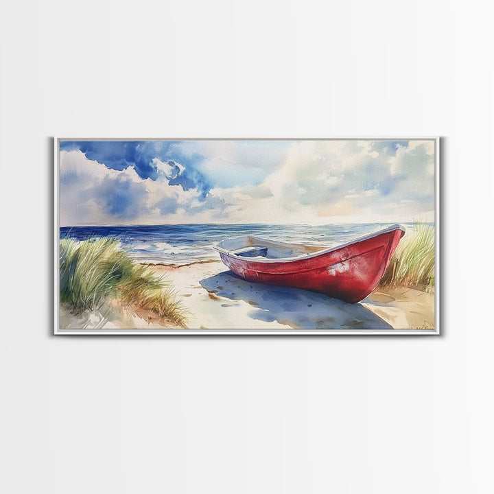 Coastal Decor - Painting of a Canoe On The beach Framed Canvas Print - Maine Painting - Maine Wall Art - Coastal Home Decor - Beach Art