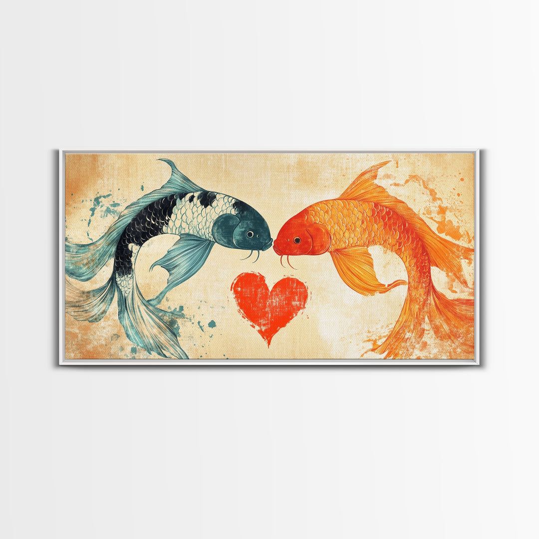 Cute Koi Fish Kissing - Couple Gift Idea - Framed Canvas Print - Valentine's Day Wall Art - Wall Art For Couples - Engagement Gift Idea