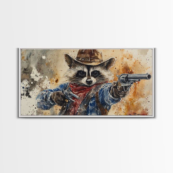 Rootin' Tootin' Cowboy Shootin' Wildwest Cowboy Raccoon Canvas Print - Racoon Painting - Cowboy Raccoon