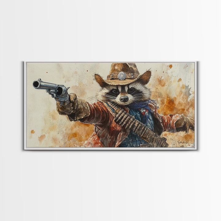 Rootin' Tootin' Cowboy Shootin' Wildwest Cowboy Raccoon Canvas Print - Racoon Painting - Cowboy Raccoon - Wild West Art