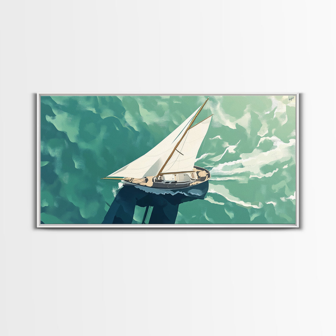 Bird's Eye View of a Sailboat Nautical Painting Print, Framed Canvas Art, Statement Piece, Nautical Centerpiece Wall Art