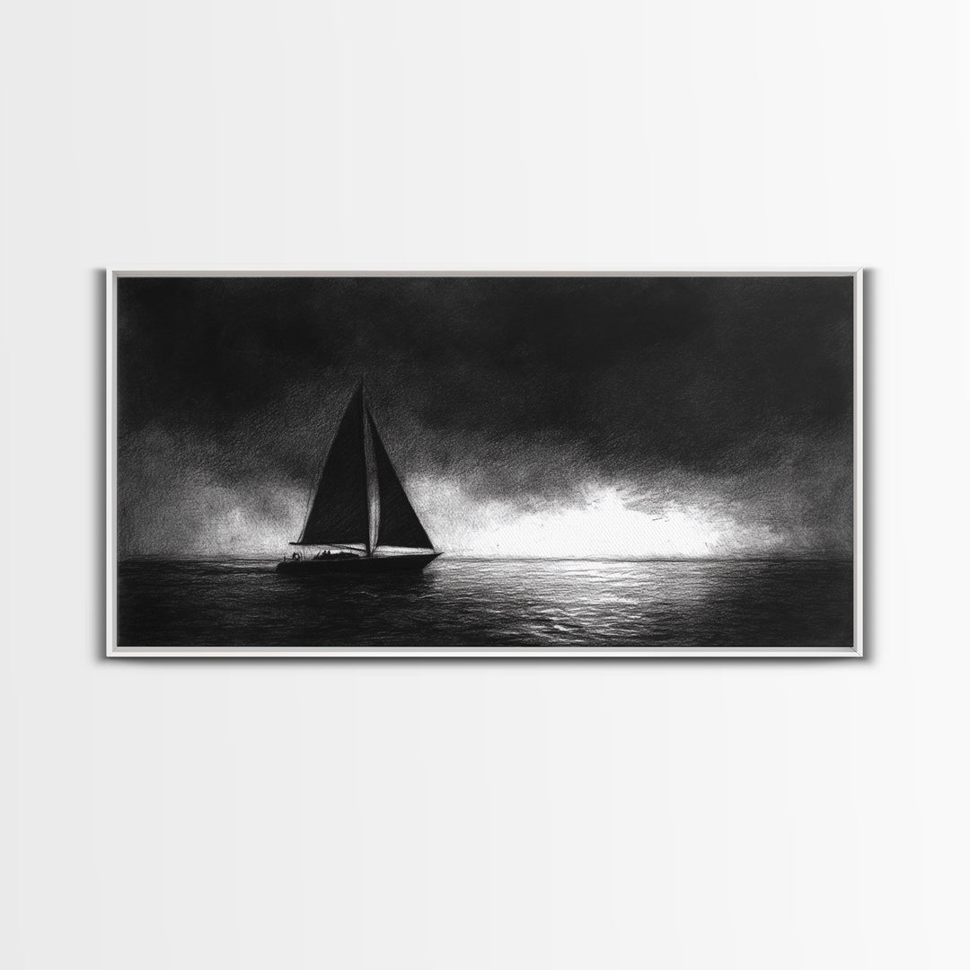 Black and White Sketch Print of a Sailboat In a Storm, Framed Canvas Print, Nautical Wall Art, Nautical Home Decor