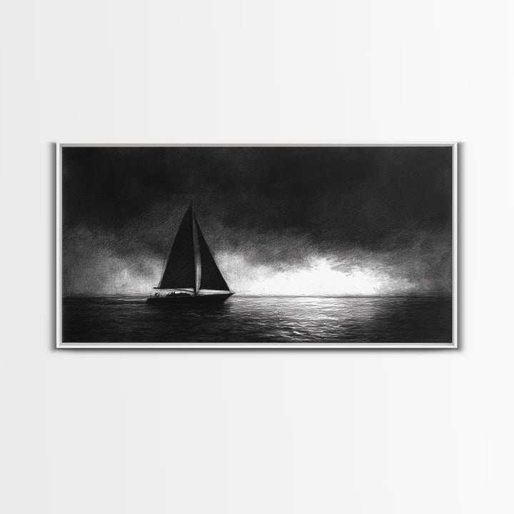 Black and White Sketch Print of a Sailboat In a Storm, Framed Canvas Print, Nautical Wall Art, Nautical Home Decor
