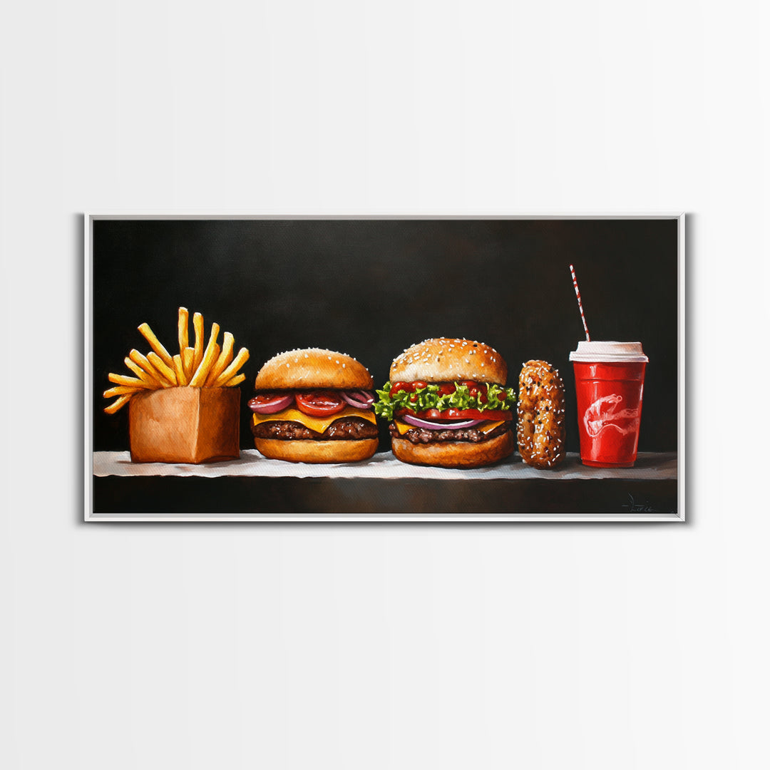 Burger and Fries Framed Canvas Print, Kitchen Canvas Art, Kitchen Wall Art, Burger Painting, Burger Art, Dining Room Wall Art