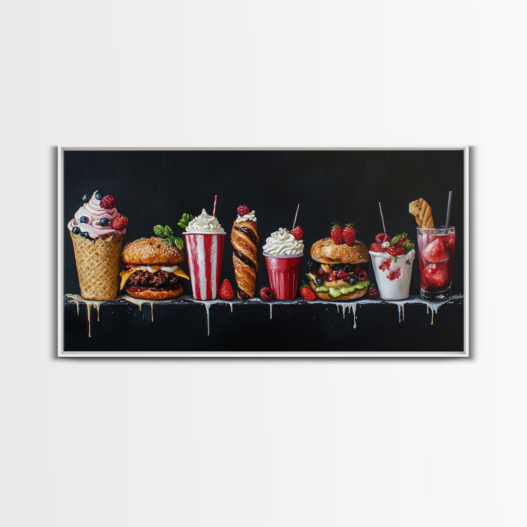 Diner Decor, Restaurant Wall Art, Canvas Print Painting Of Burgers, Desserts and Milk Shakes - 1950s Diner Wall Art