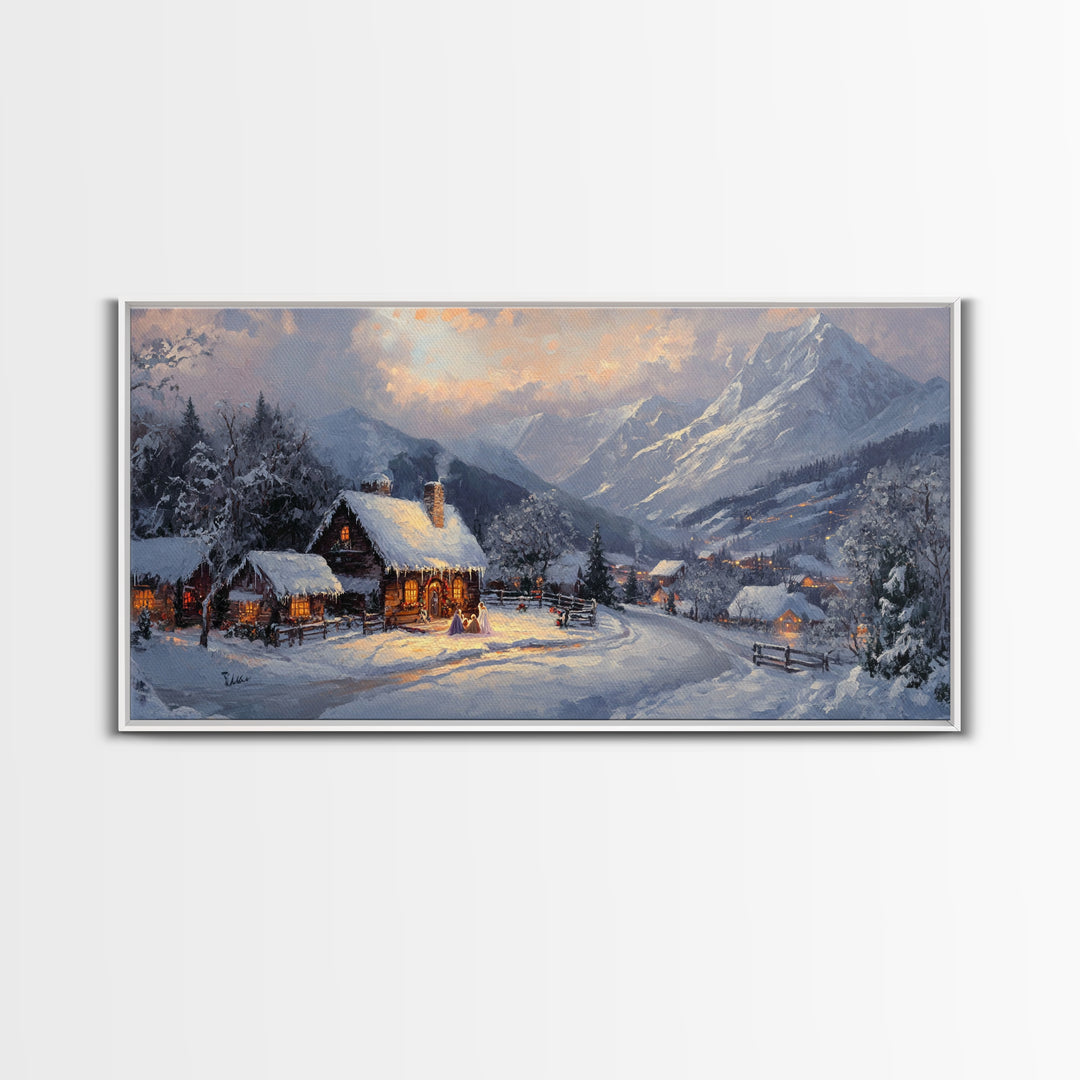Christmas Mountain Village Oil Painting Print, Framed Canvas, Retro Christmas, Christmas Mountain Landscape Painting, Christmas Art