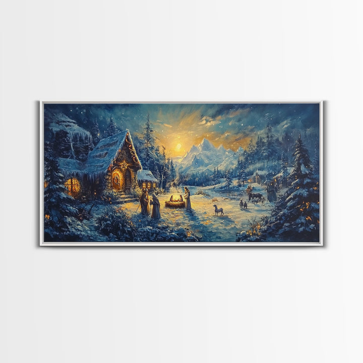 Christmas Nativity Oil Painting Print, Christmas Wall Art, Framed Christmas Canvas Art, Christmas Home Decor, Seasonal Wall Art