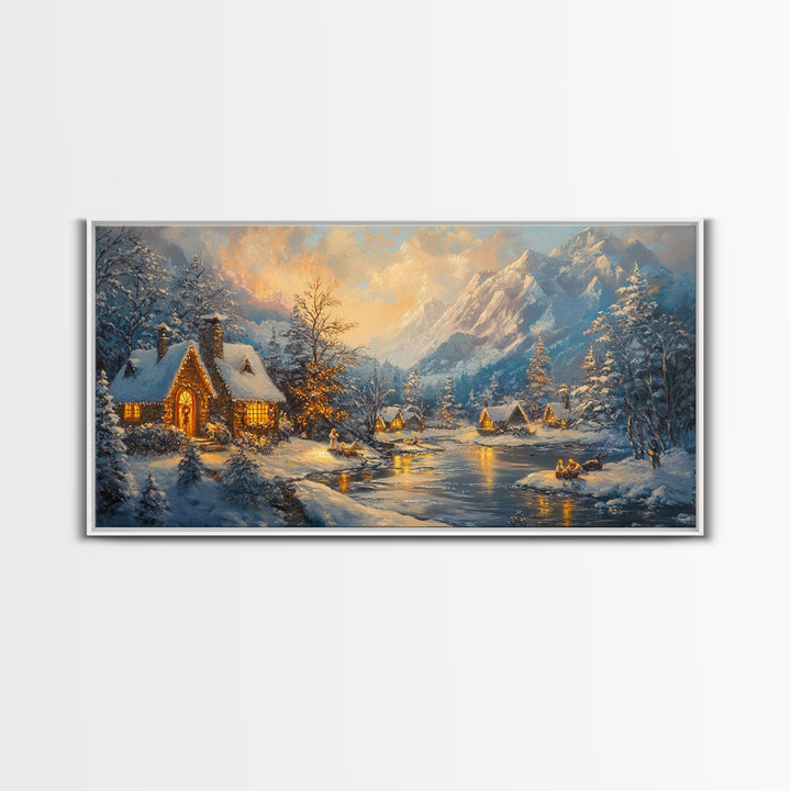 Christmas On The Lake, Christmas Canvas Print, Cabin Decor, Cabin Wall Art, Lake House Wall Art, Christmas home Decor, Christmas Village