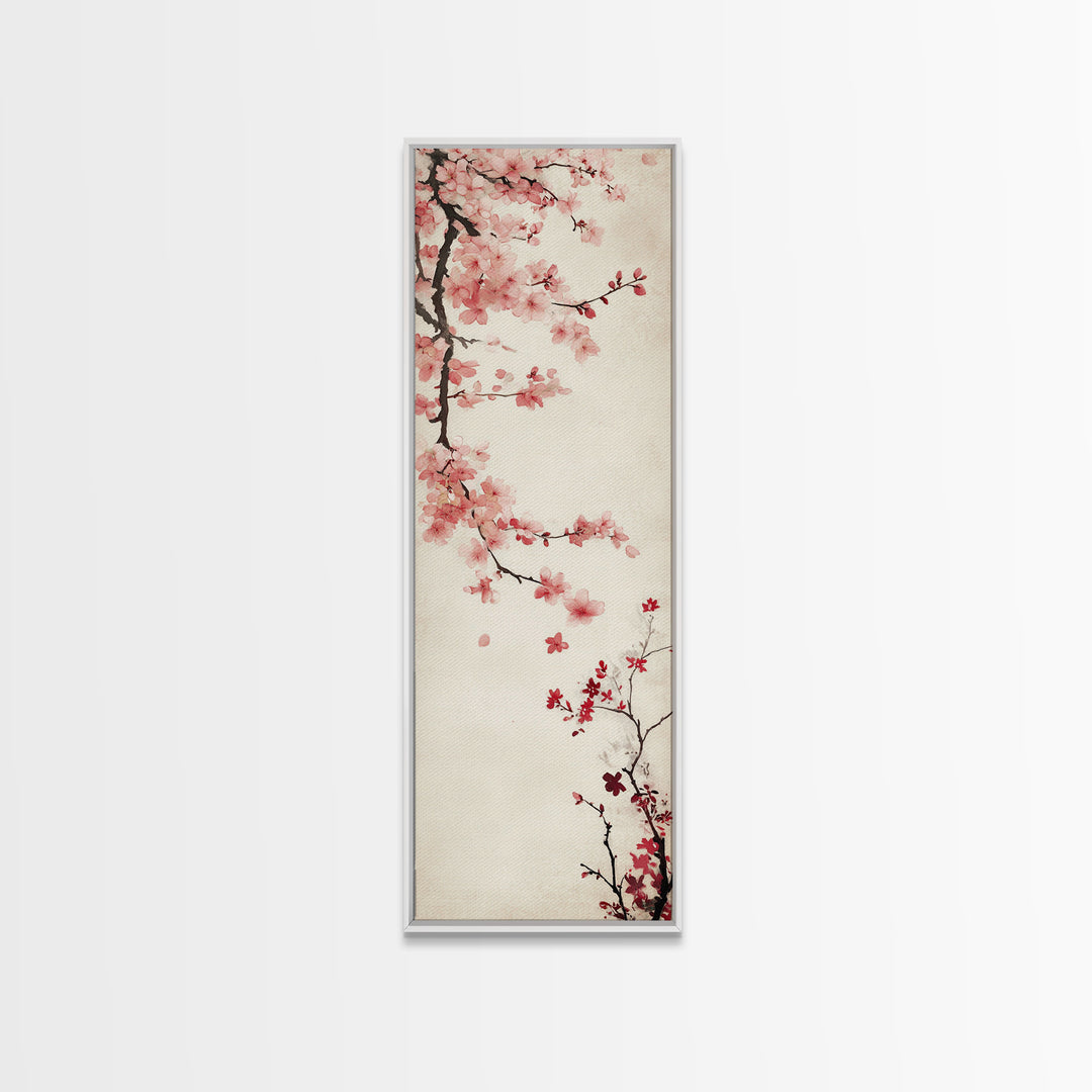 Cherry Blossom Branch Framed Canvas Print Tall Skinny Art Floral Japanese Decor, Cherry Blossom Painting, Minimalist Botanical Wall Art, Above Sofa Art