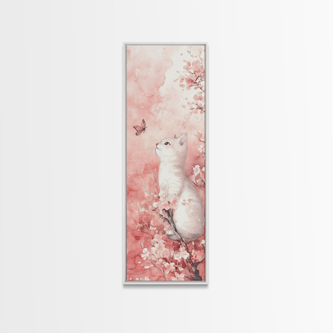 White Cat and Butterfly Canvas Print Light Pink Wall Art Cherry Blossom Painting Whimsical Art Bedroom Decor Gift Idea