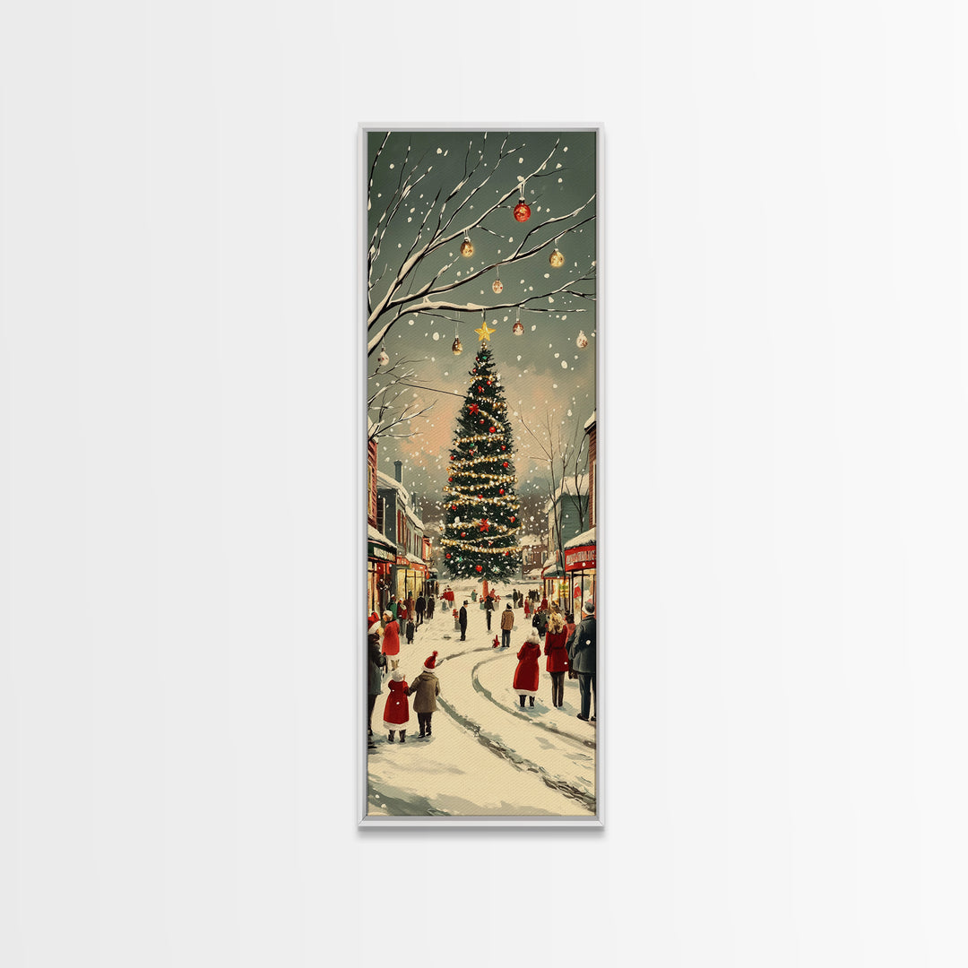 Christmas tree town square painting festive holiday decor framed canvas print, classic winter village, nostalgic seasonal wall art