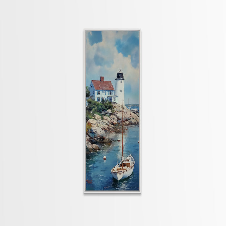 Canvas Print Lighthouse with Sailboat Art Nautical Decor Coastal Wall Art Cottagecore Maine Seascape Wall Art