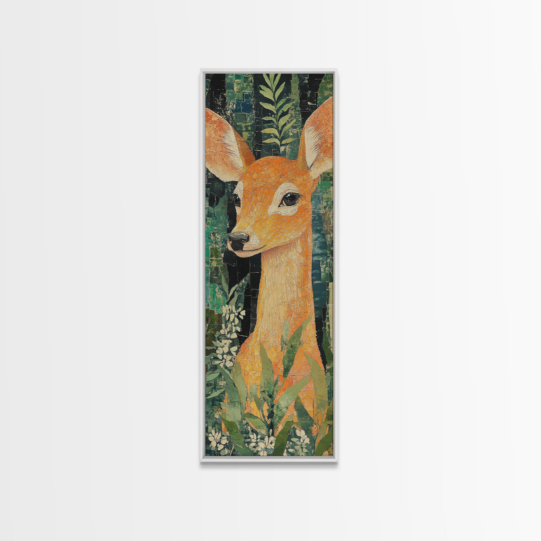 Canvas Print of Gentle Deer in Floral Forest, Boho Art, Whimsical Wall Art, Animal Decor, Tall Narrow Wall Art, Woodland Theme