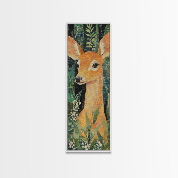 Canvas Print of Gentle Deer in Floral Forest, Boho Art, Whimsical Wall Art, Animal Decor, Tall Narrow Wall Art, Woodland Theme