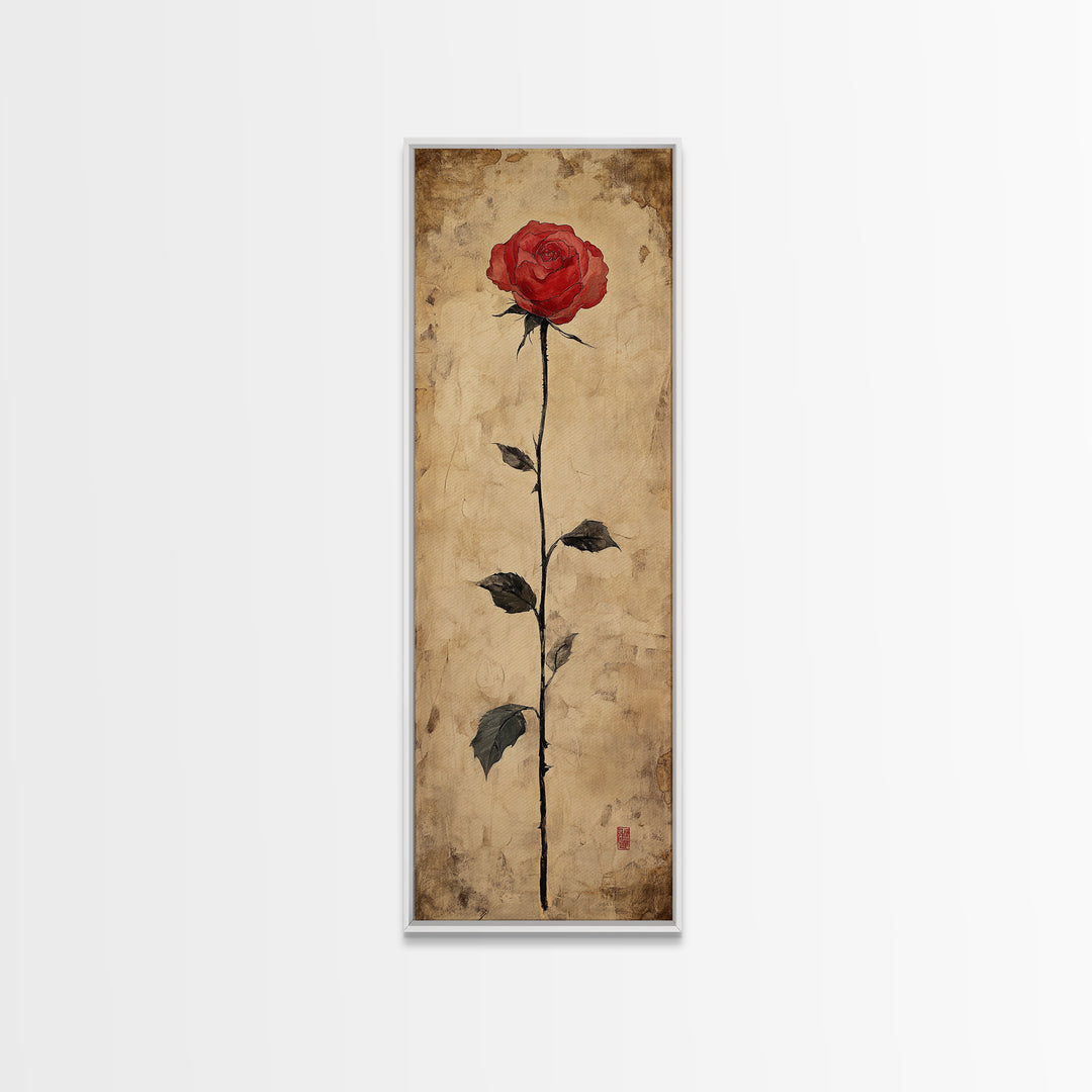 Framed Canvas Print of Elegant Red Rose, Botanical Art, Rustic Wall Art, Gift Idea, Minimalist Nature Art, Above Bed Wall Art