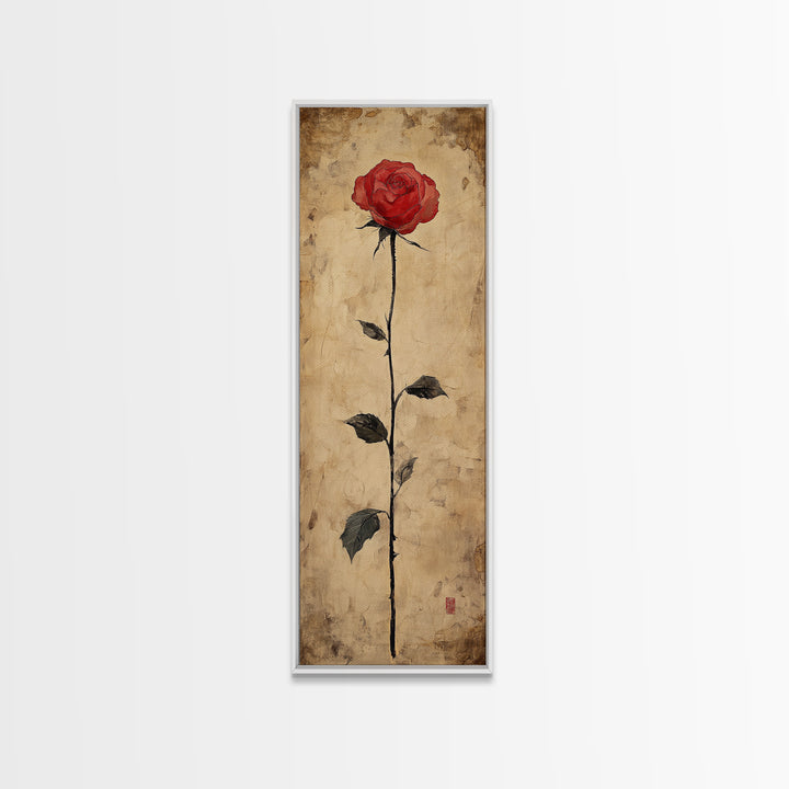 Framed Canvas Print of Elegant Red Rose, Botanical Art, Rustic Wall Art, Gift Idea, Minimalist Nature Art, Above Bed Wall Art