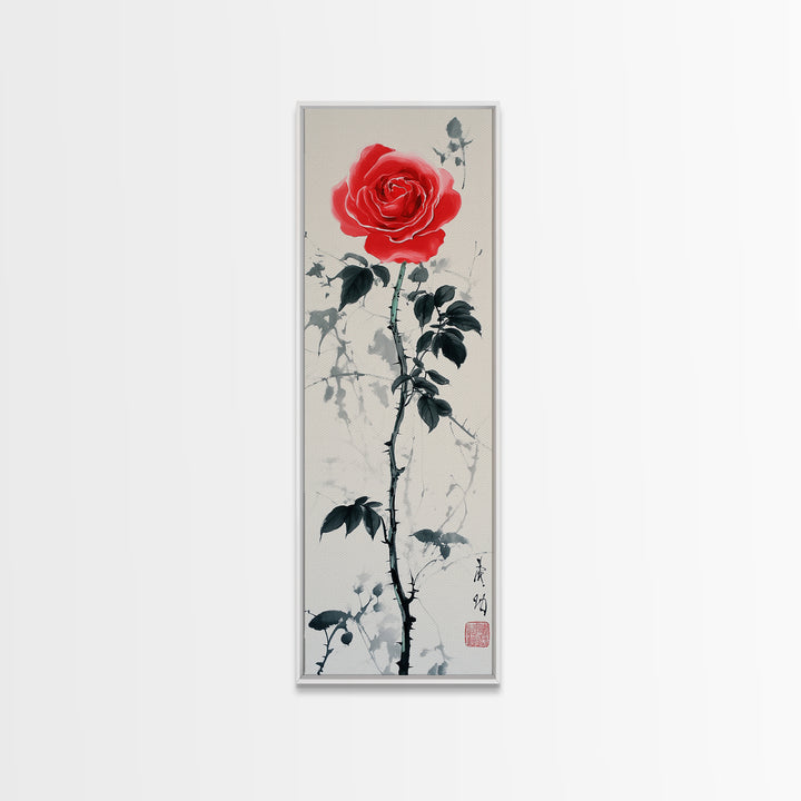 Canvas Print of Asian Style Red Rose, Art Nouveau Print, Botanical Art, Above Sofa Decor, Elegant Home Decor, Floral Wall Art