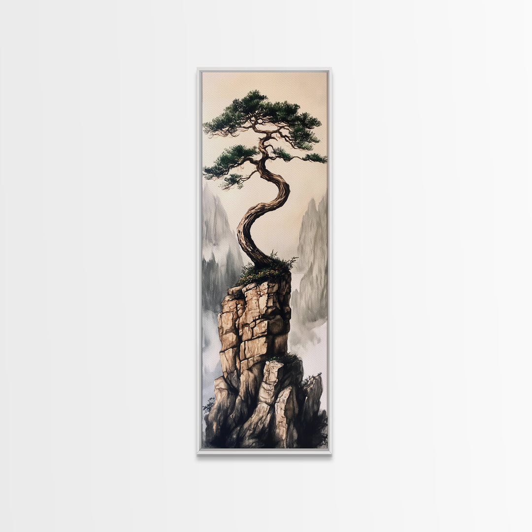 Framed Canvas Print Wabi Sabi Art Coastal Landscape Nautical Wall Art Pine Tree Artwork Living Room Decor Above Couch Art Serenity Gift