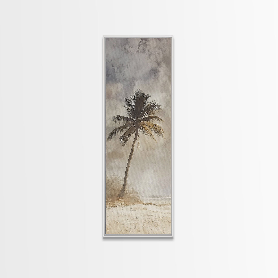 Framed Canvas Print Moody Palm Tree Painting, Coastal Landscape Art, Wabi Sabi Art, Above Sofa Wall Decor, Rustic Beach Scene Print