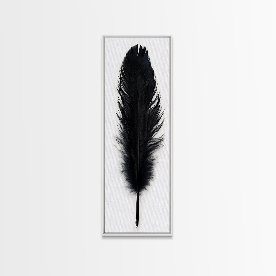 Black Feather Wall Art, Black Feather Painting Canvas Print, Boho Minimalist Home Decor, Feather Art, Tall Narrow Art, Skinny Art