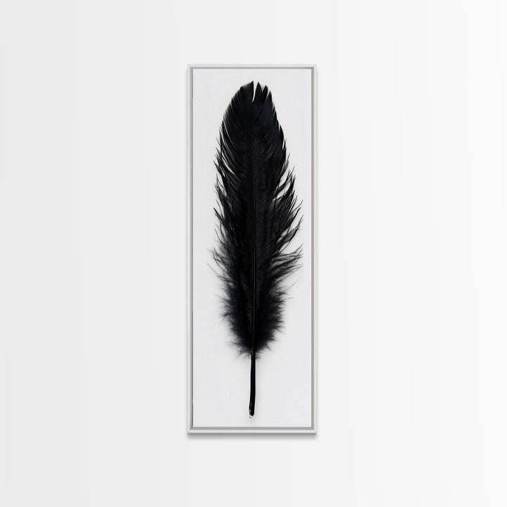 Black Feather Wall Art, Black Feather Painting Canvas Print, Boho Minimalist Home Decor, Feather Art, Tall Narrow Art, Skinny Art