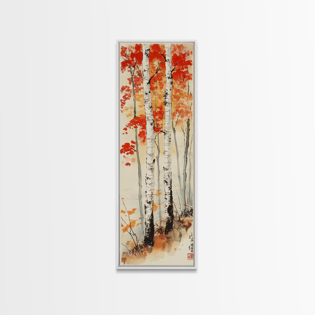 Canvas Print Japanese Birch Trees in Autumn, Traditional Wabi Sabi Art, Rustic Decor Above Bed Wall Art, Cozy Fall Living Room Decor