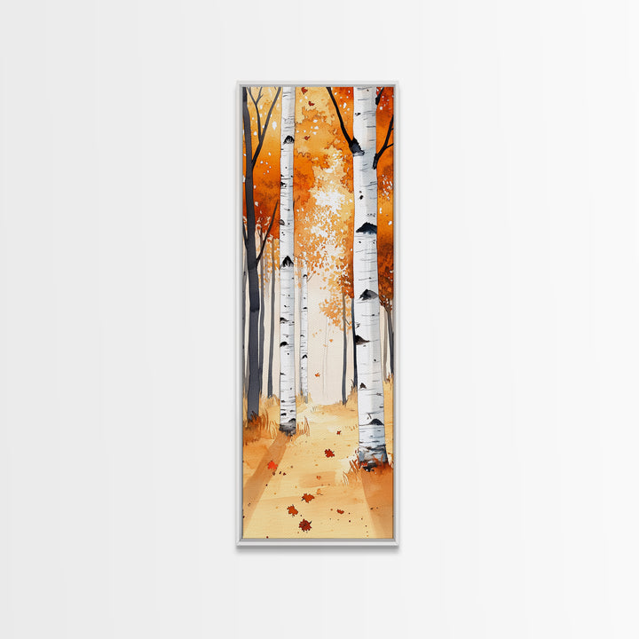 Autumn Birch Trees Framed Canvas Print – Rustic Decor, Tall Narrow Art, Cozy Fall Vibes, Birch Tree Art, Living Room Art, Above Bed Wall Art
