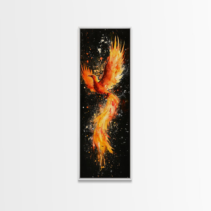 Fiery Phoenix Illustration on Black Canvas, Framed Art Option, Mystical Wall Art for Living Room, Tall Narrow Wall Decor, Mythological Art