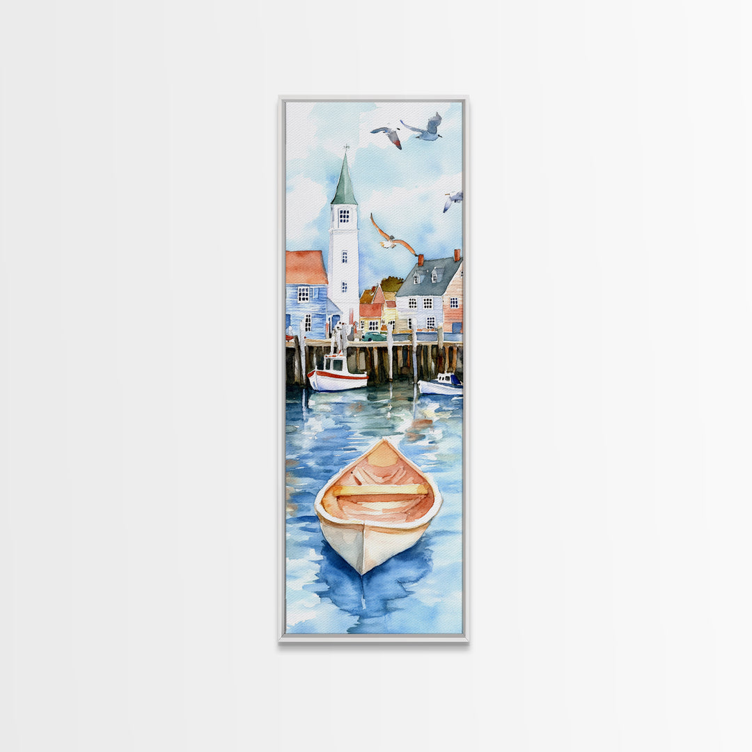 Tranquil Coastal Village with Seagulls Painting - Canvas Print for Nautical Wall Art, Coastal Scene Decor, Ocean-Inspired Art, Harbor Home Decor