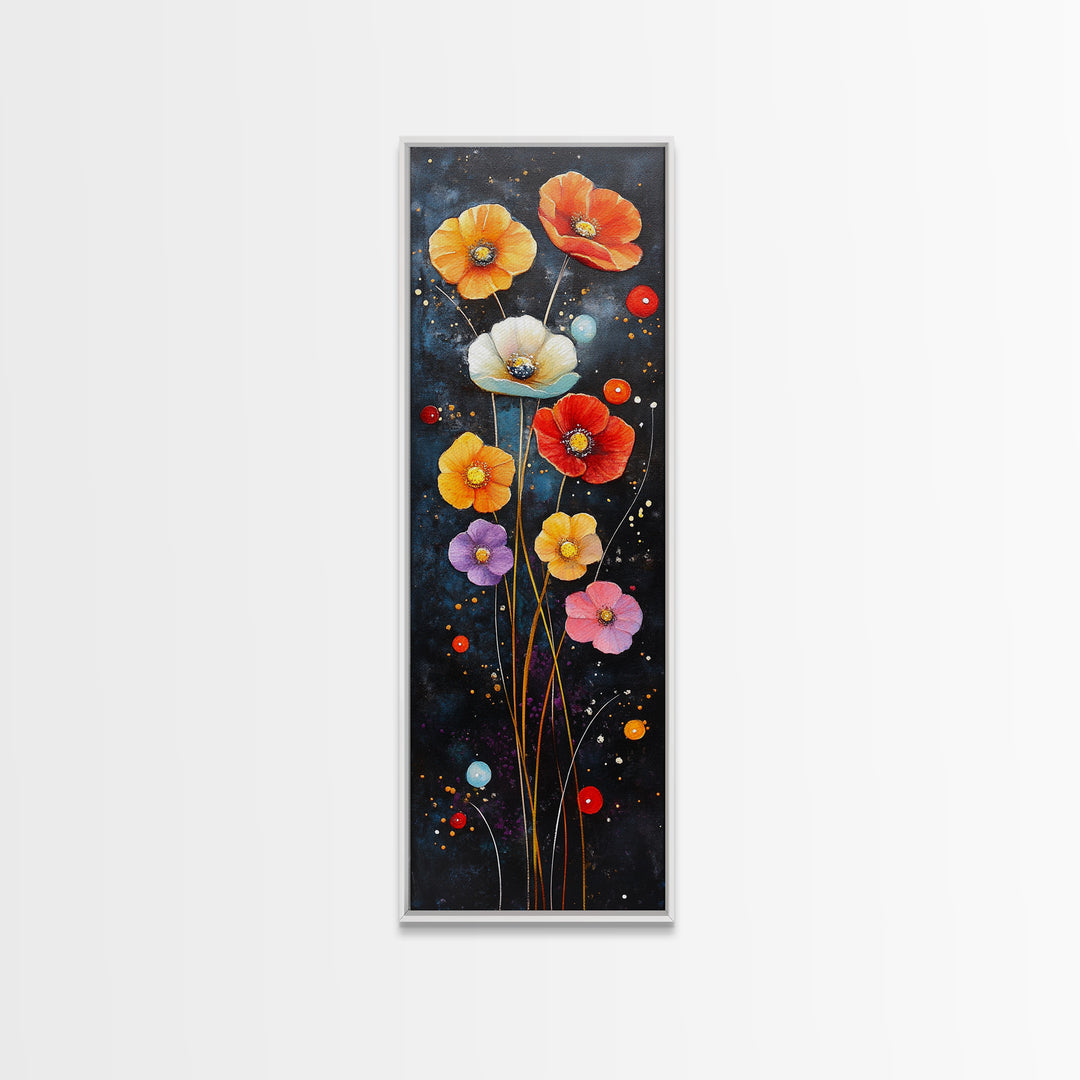 Abstract Poppy Garden Scene - Framed Canvas Print Showcasing Whimsical Florals on Dark Blue Background for Moody Decor