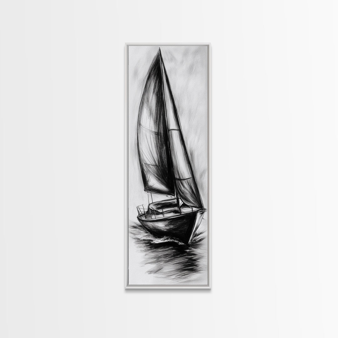 Charcoal Sketch of a Sailboat, Framed Canvas Print, Nautical Decorl Nautical Wall Art, Sailboat Painting, Sail Boat Art, Tall Skinny Wall Art
