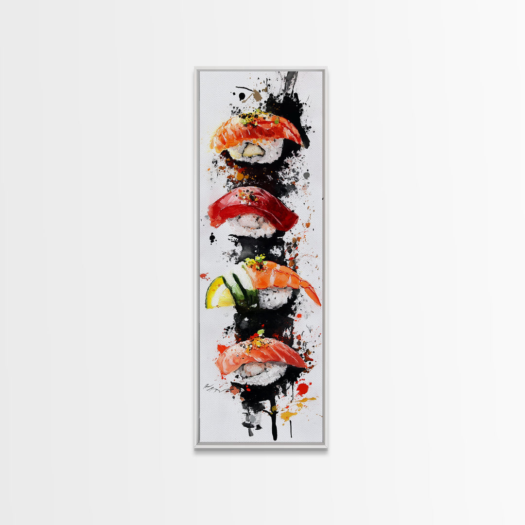 Abstract Art For Kitchen - Framed Canvas Print - Sushi Painting - Sushi Art - Kitsch Kitchen Wall Art - Tall Skinny Art - Narrow Wall Art - Kitchen Decor