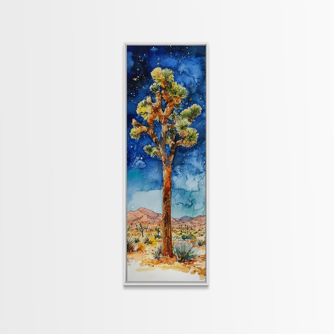 Joshua Tree Under a Starry Night Sky, Framed Canvas Print, Watercolor Landscape Painting Print, Southwestern Wall Art, Farmhouse Painting