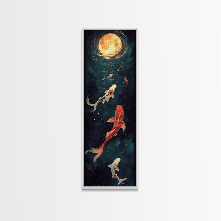 Koi Fish Under a Full Moon, Framed Canvas Print, Wabi Sabi Home Decor, Funky Boho Wall Art, Tall Skinny Art, Narrow Tall Wall Art