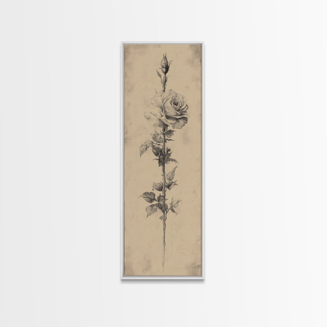 Black and White Sketch of a Rose, Framed Canvas Print, Narrow Art, Tall Skinny Art, Flower Painting, Paint of a Rose, Floral Prints