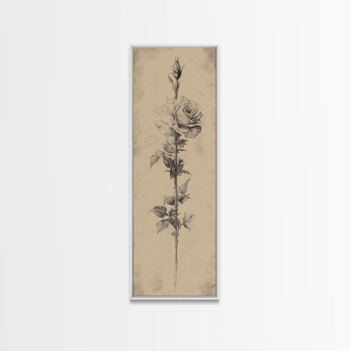 Black and White Sketch of a Rose, Framed Canvas Print, Narrow Art, Tall Skinny Art, Flower Painting, Paint of a Rose, Floral Prints