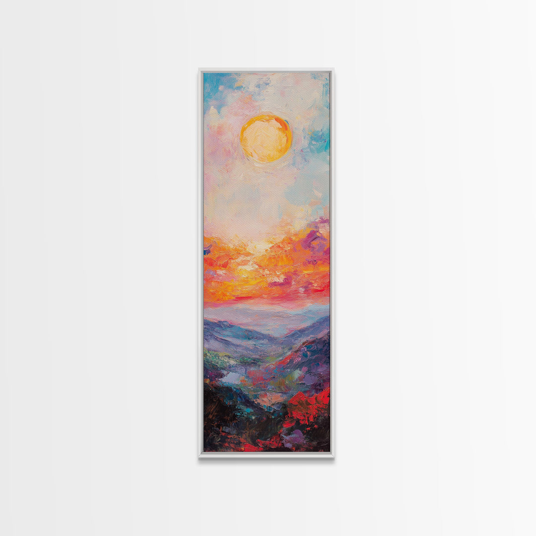 Abstract Oil Painting Print of a Sunset Over The mountains - framed canvas - ready to hang - tall narrow wall art - skinny accent piece wall art