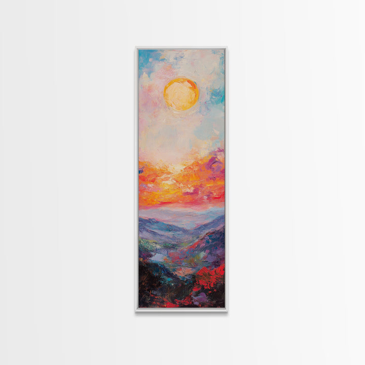 Abstract Oil Painting Print of a Sunset Over The mountains - framed canvas - ready to hang - tall narrow wall art - skinny accent piece wall art