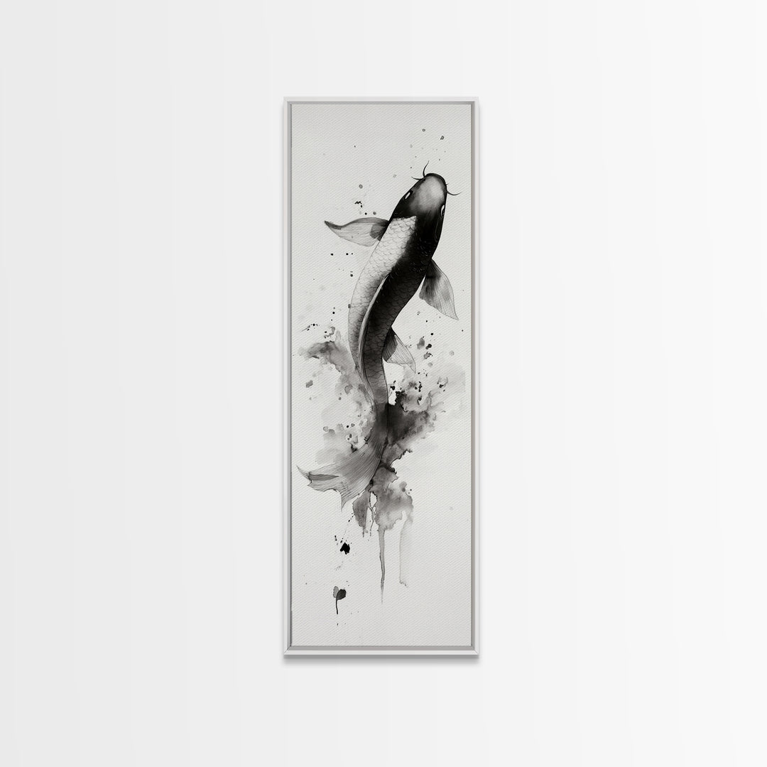 Tall Skinny Koi Fish Painting Print, Black and White Wabi Sabi Wall Art, Koi Fish Wall Decor, Japanese Style Elegant Artwork, Narrow Wall Art