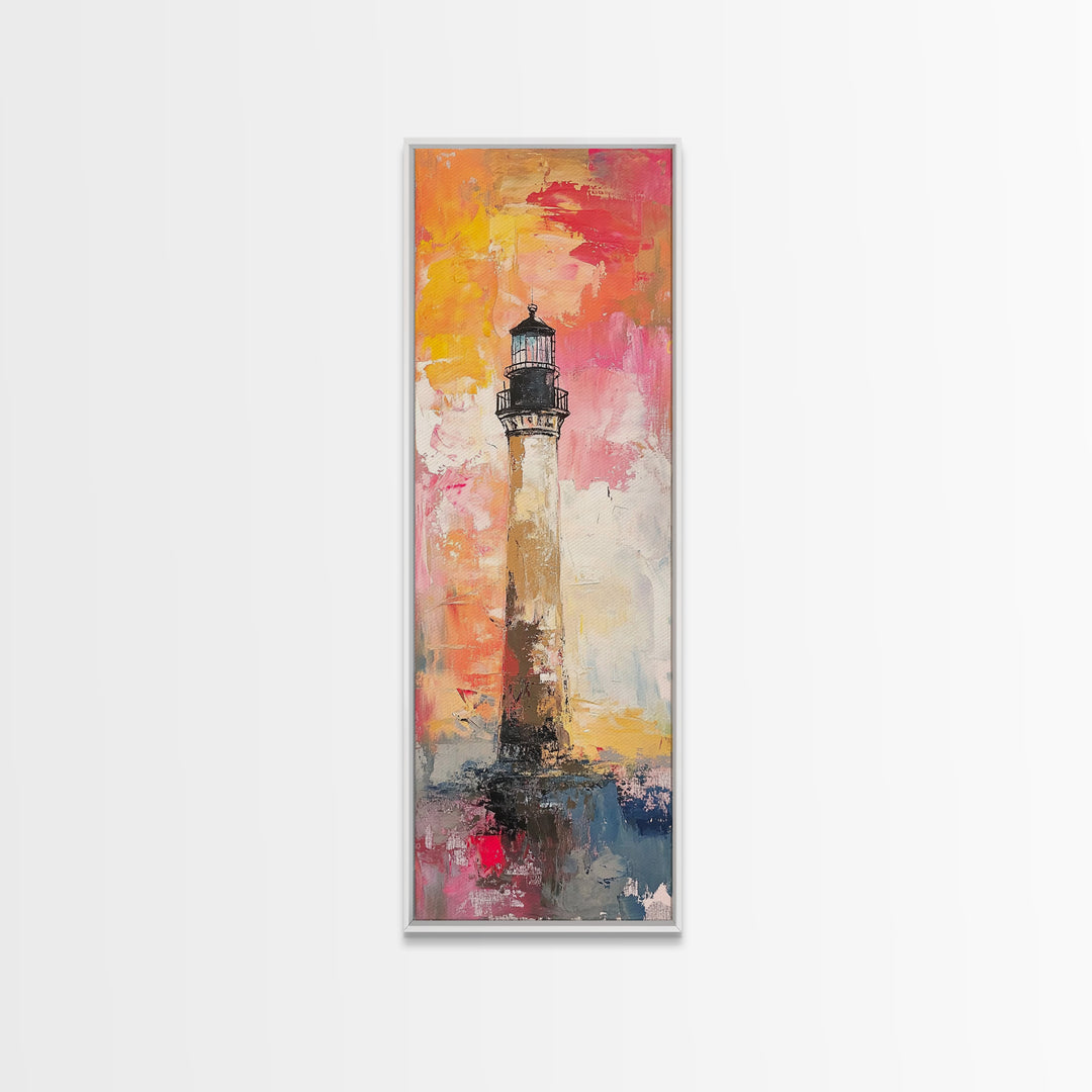 Canvas Print of Vibrant Lighthouse Painting with Nautical Decor, Coastal Wall Art, Bright Sunset, Above Couch Art, Tall Skinny Art, Seascape Painting, Gift Idea