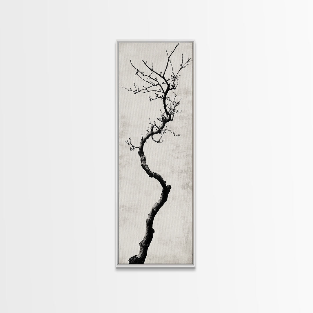 Framed Canvas Print of Minimalist Birch Tree Art in Black and White, Wabi Sabi Art, Rustic Wall Art, Above Bed Wall Art, Tall Skinny Art, Japanese Aesthetic