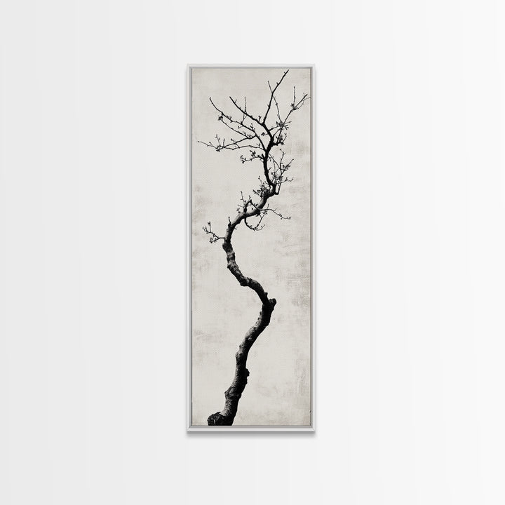 Framed Canvas Print of Minimalist Birch Tree Art in Black and White, Wabi Sabi Art, Rustic Wall Art, Above Bed Wall Art, Tall Skinny Art, Japanese Aesthetic