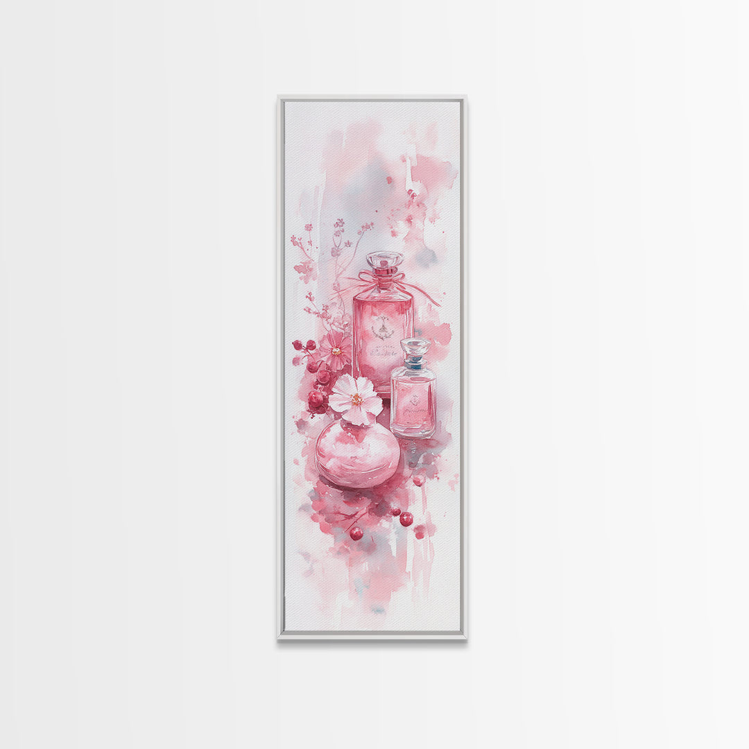 Elegant Perfume Bottles Framed Canvas Print Pink Abstract Art Wabi Sabi Decor Light Pink Bedroom Artwork Feminine Minimalist Wall Art