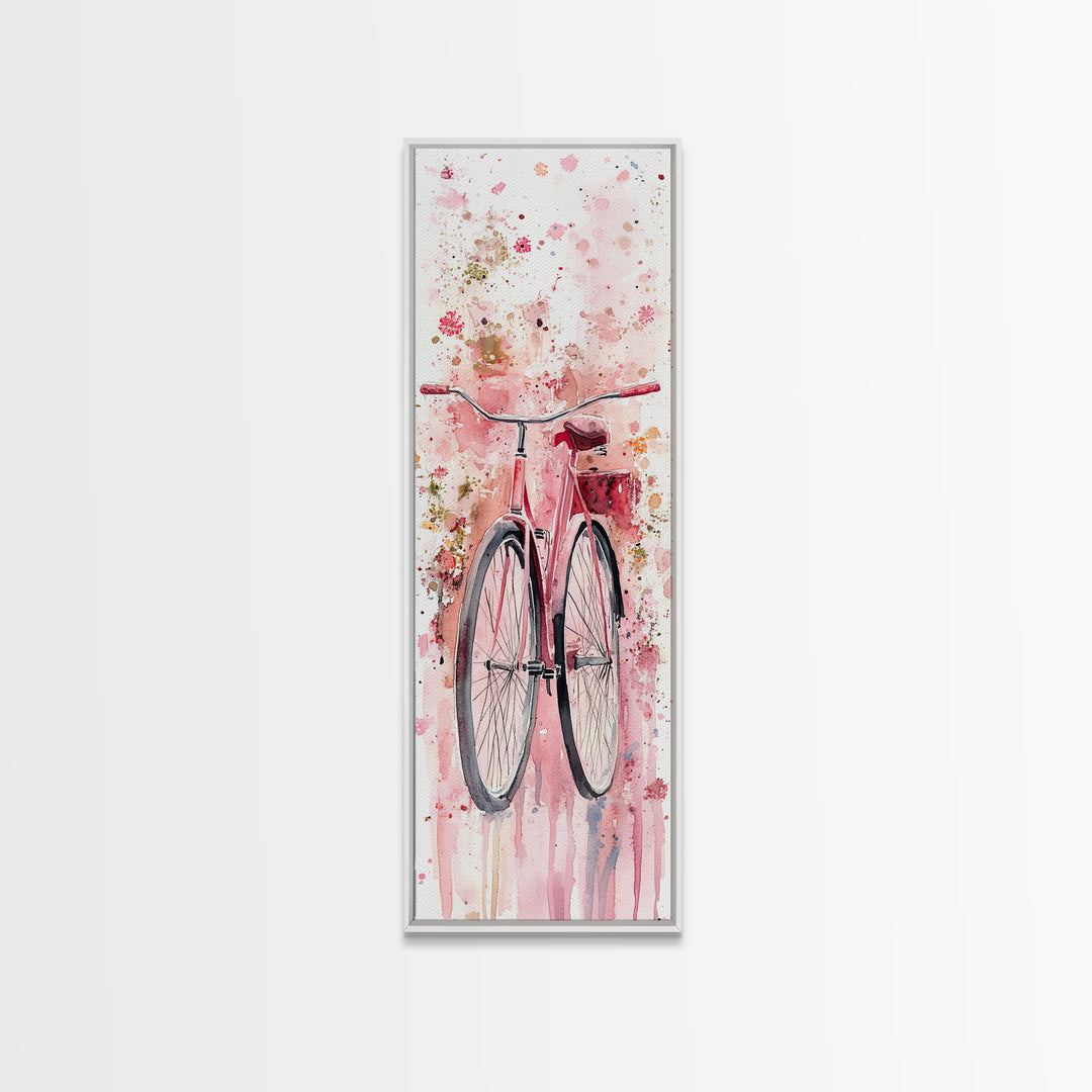 Bicycle Art Canvas Print Retro Pink Wall Art Long Narrow Vintage Style Above Couch Gift Idea Light Pink Minimalist Wabi Sabi Art