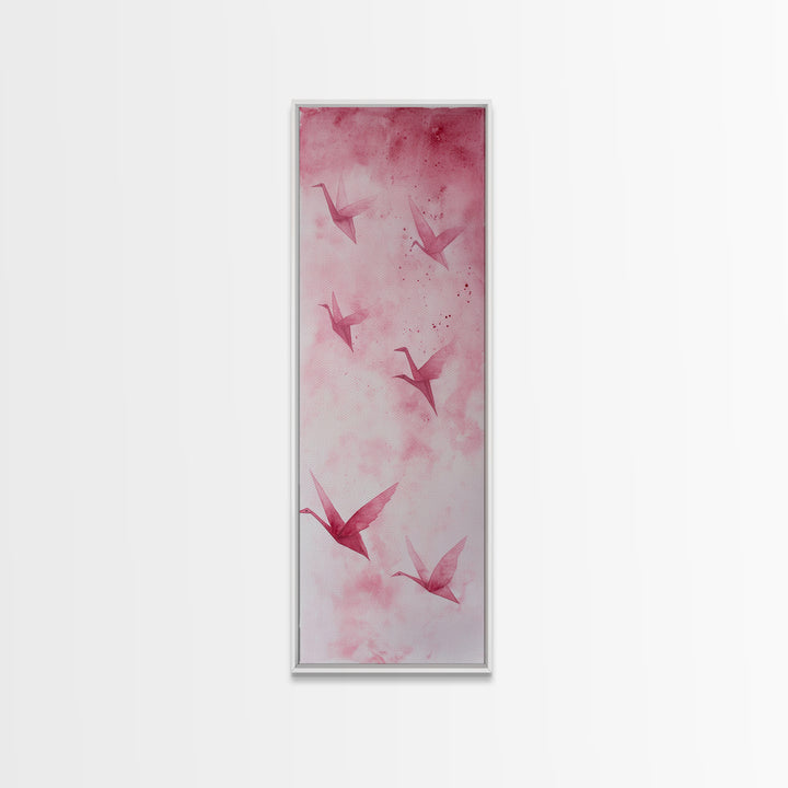 Crane Flight Canvas Print, ethereal origami bird painting in pink abstract hues, tall narrow wall art with zen minimalist aesthetic.