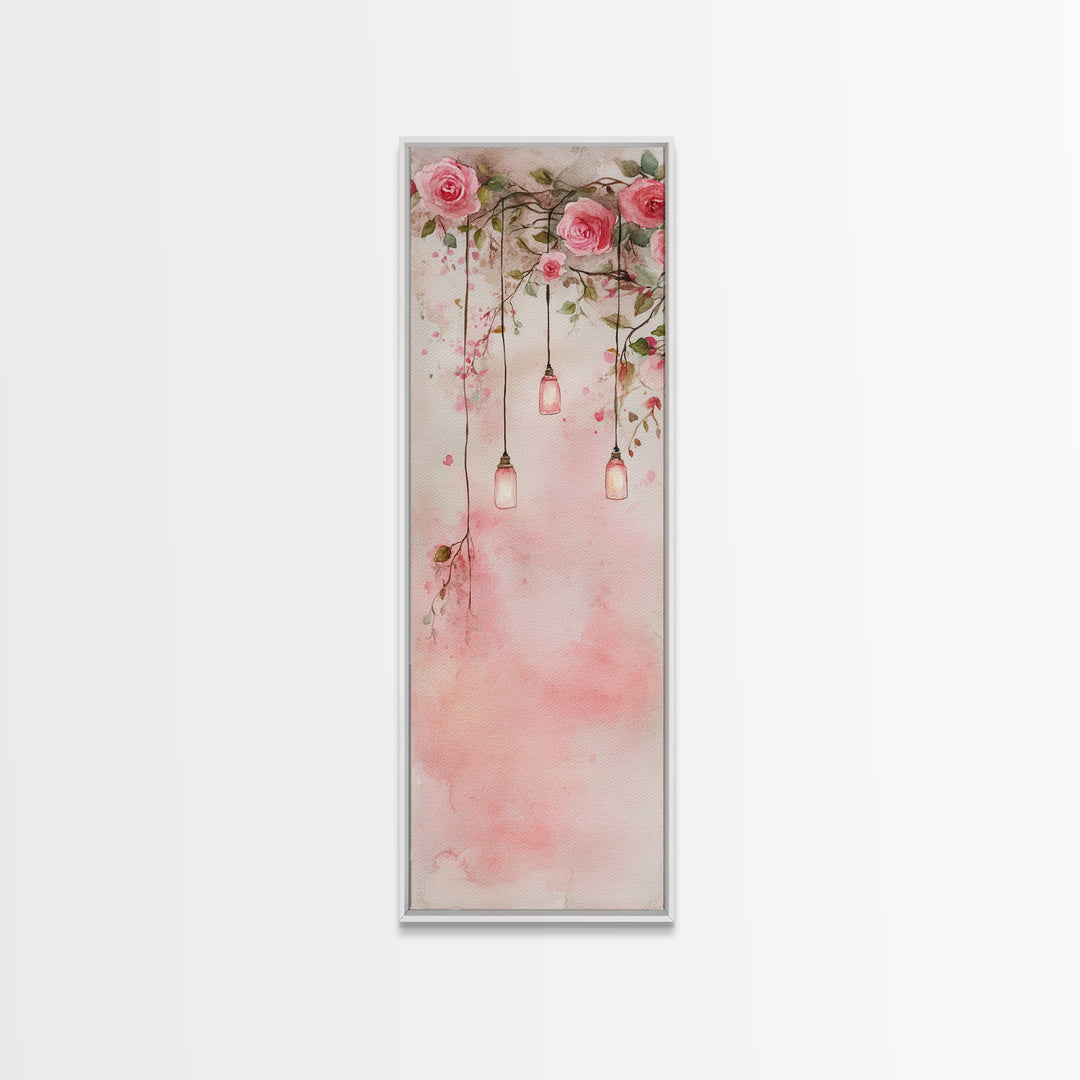 Rose Lantern Canvas Print, romantic floral and hanging lanterns painting with soft pink tones, whimsical boho wall art for bedroom decor.
