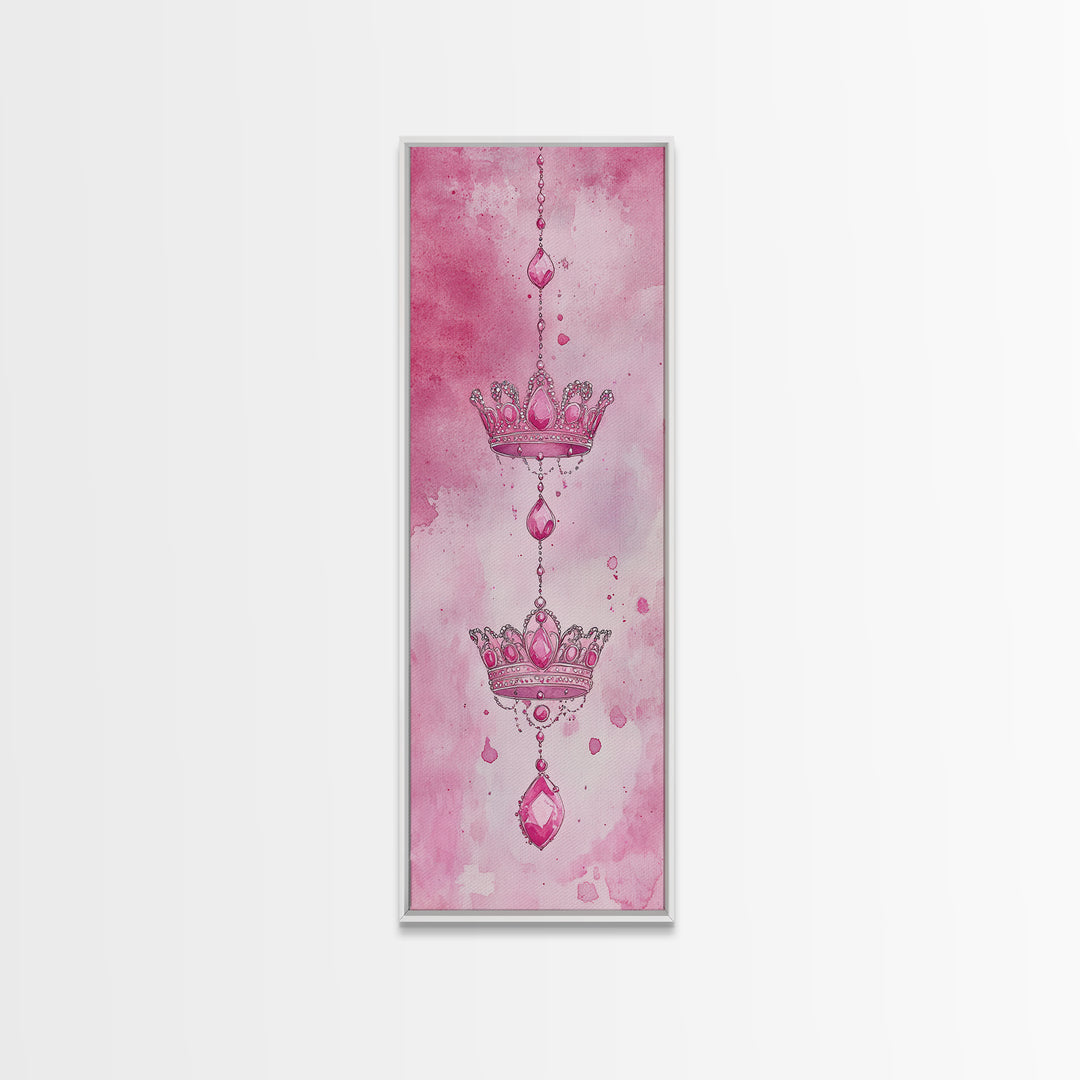 Regal Crown Gem Painting Framed Canvas Print Featuring Pink Abstract Art with Sparkling Gemstone Accents for Whimsical Wall Art Spaces