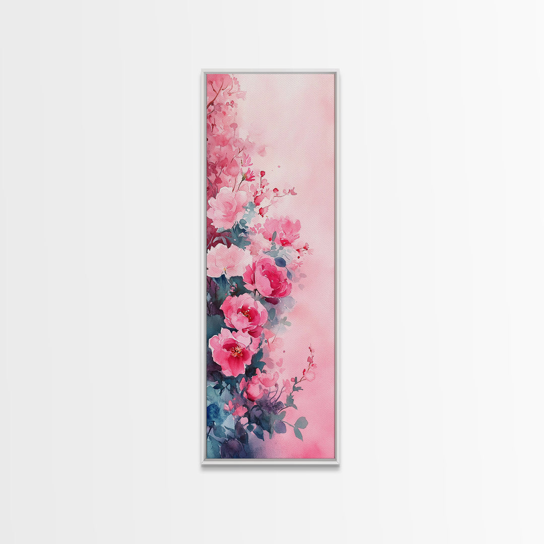 Romantic Rose Painting Framed Canvas Print with Light Pink Wall Art Featuring Cherry Blossom Details and Cozy Bedroom Decor Accents