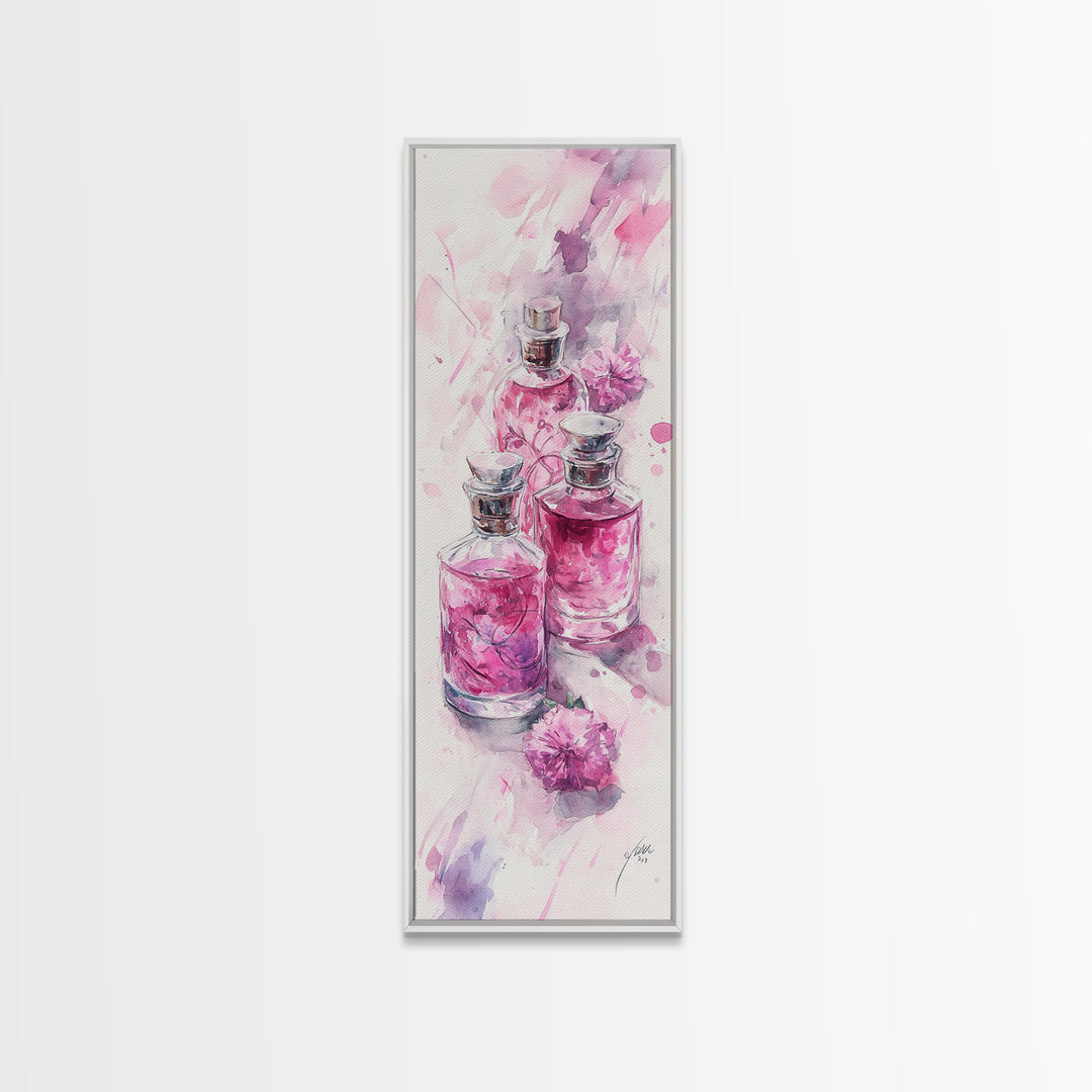 Perfume Bottles Canvas Print - Elegant Pink Abstract Art, Feminine Glass Bottles Artwork, Gift Idea for Her, Bedroom Wall Decor
